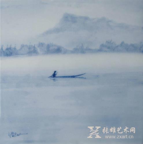 赵传玉水墨青花作品《晨雾孤舟》